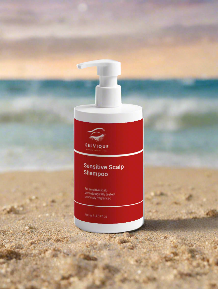 Selvique Sensitive Scalp Shampoo Bottle with red label and a White background
